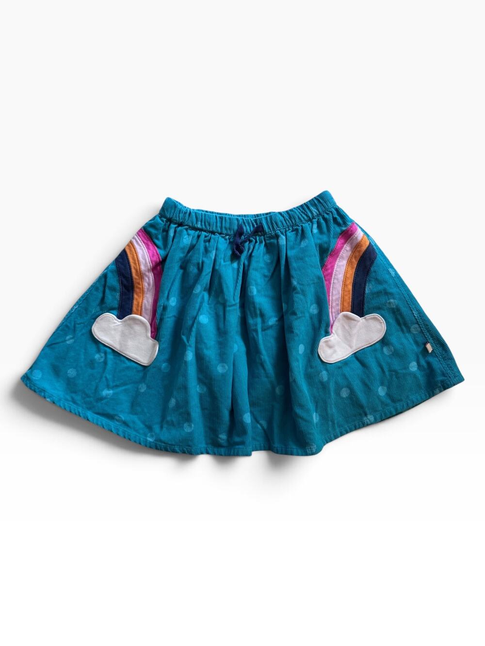 Frugi organic cotton polka dot corduroy skirt with rainbow cloud pockets
